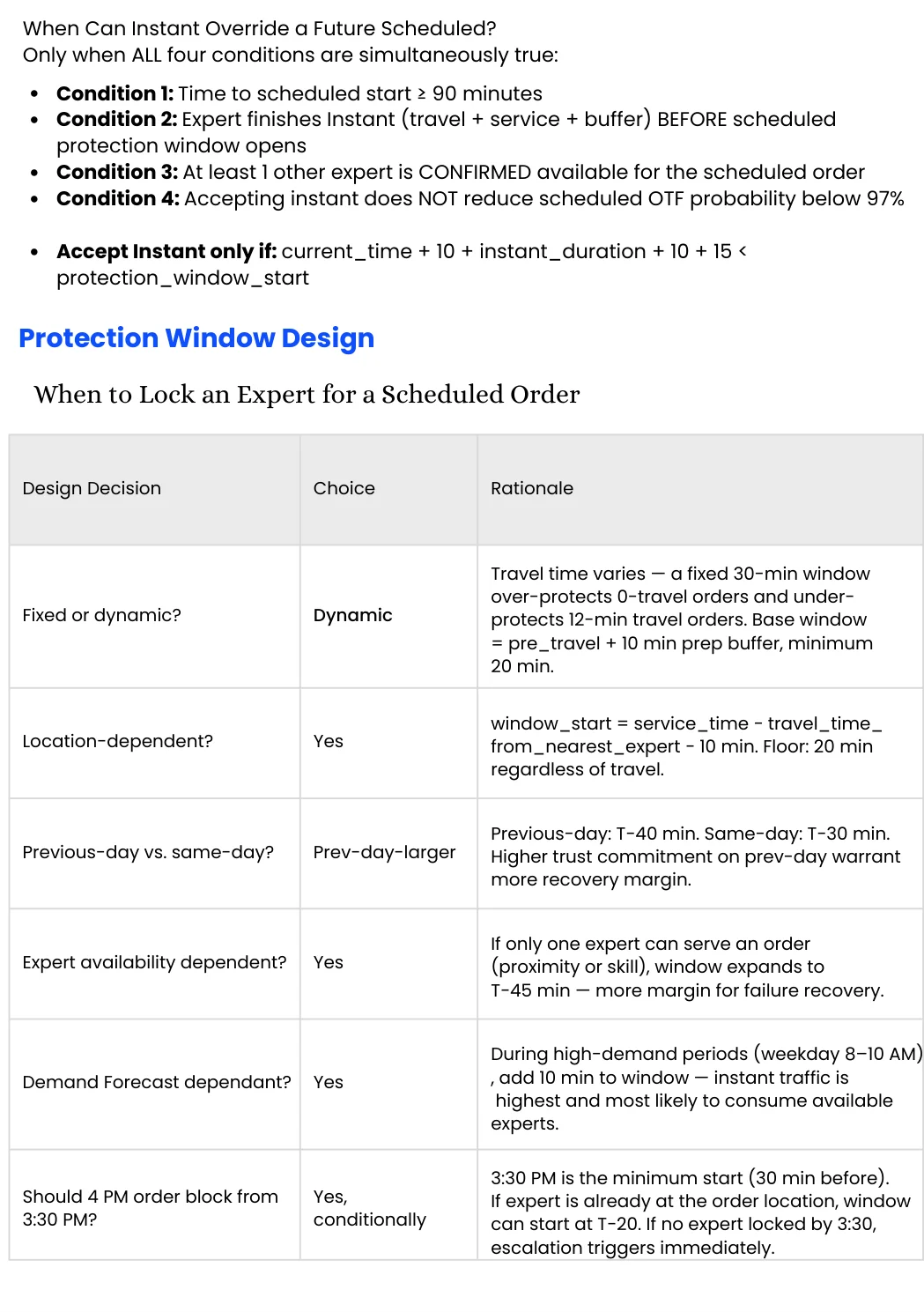 Protection Window Design — When to Lock an Expert for a Scheduled Order
